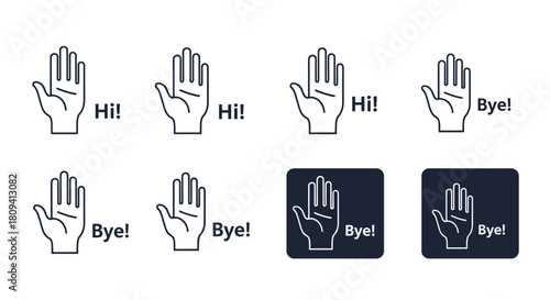 Simple set of waving hand icons for greeting "Hi" and saying "Bye" in two different styles.
