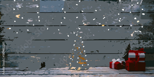 Christmas still life with gifts and lights on rustic wood background