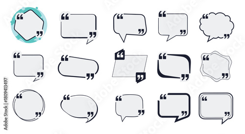 Collection of various quote box and speech bubble templates with quotation marks for testimonials.