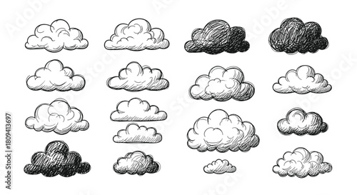 Collection of fluffy white gray and black clouds hand-drawn in a classic sketchy ink style.