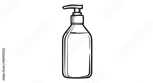 Vector of a shampoo bottle mockup with pump dispenser, clean contour drawing, isolated, bold line art, commercial packaging style
