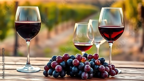 Wallpaper Mural oenology. An elegant wine tasting arrangement with glasses and grapes against a vineyard backdrop. bar promotions, beverage menus, designed for product packaging and bar promotions. Torontodigital.ca