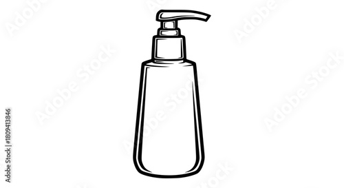 Vector of a shampoo bottle mockup with pump dispenser, clean contour drawing, isolated, bold line art, commercial packaging style