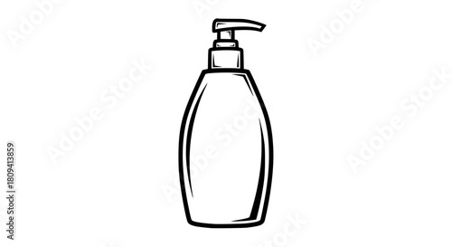 Vector of a shampoo bottle mockup with pump dispenser, clean contour drawing, isolated, bold line art, commercial packaging style