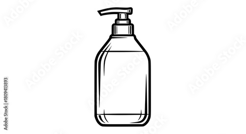 Vector of a shampoo bottle mockup with pump dispenser, clean contour drawing, isolated, bold line art, commercial packaging style