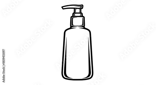 Vector of a shampoo bottle mockup with pump dispenser, clean contour drawing, isolated, bold line art, commercial packaging style