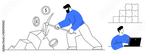 Cryptocurrency concept. A miner digging for digital currencies thumbs up bitcoin and euro. Cryptocurrency blockchain, digital economy, and global transactions. For tech, finance, blockchain, business