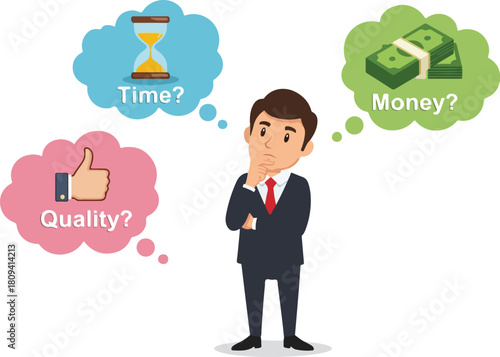 Man contemplating important business decisions about time money and quality.