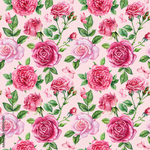 Pink Rose Watercolor Seamless Pattern. Romantic Botanical Garden Flowers with Leaves for Fabric, Wallpaper and Wrapping