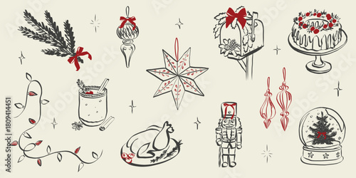 Whimsical party doodles featuring festive dinner table with Christmas tree, Eggnog and wine glass, mailbox with bow and ribbon and holiday decorations in Crayon sketch style. Vector illustration