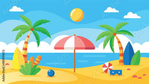 A cheerful summer card featuring a sunny beach scene with palm trees swaying in the breeze..eps