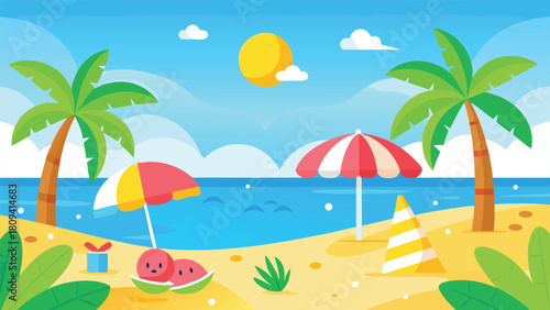 summer greeting card showcasing a beach landscape with palm trees under a bright blue sky..eps