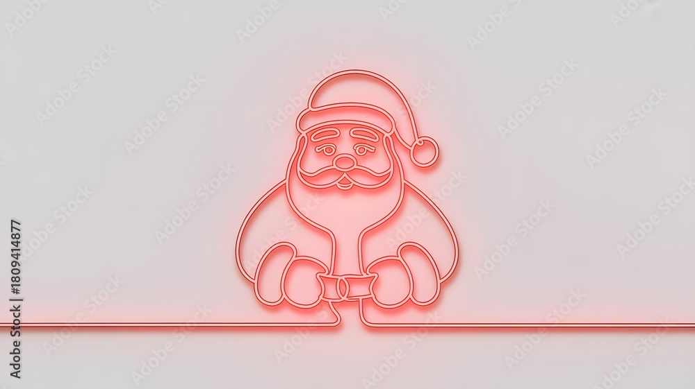 Obraz premium Minimal Santa Claus Vector Retro Winter Continuous Line Art Design – Glowing Neon Effect in Pink Red on White Background – Holiday Christmas X-mas & New Year Card or Banner Design Element – Copy Space