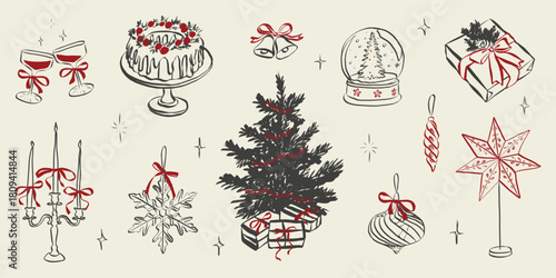Whimsical party doodles featuring festive dinner table with Christmas tree and cake, wine glasses, gift boxes with bows and holiday decorations in Crayon sketch style. Vector illustration