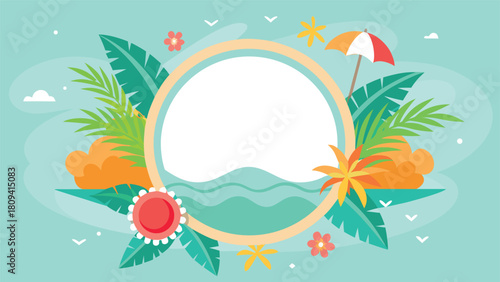 Vibrant cartoon background with a dolphin, palm trees, and a picturesque beach setting..eps