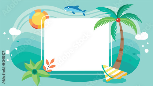 Lush tropical background with palm trees, a playful dolphin, and assorted beach-themed objects..eps