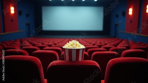 Popcorn Bucket on Red Seat in Empty Theater with Screen and Rows of Seats