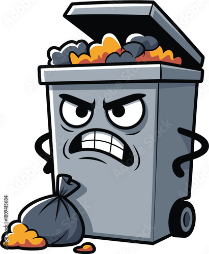 Angry cartoon overflowing trash can mascot, pollution waste management problem, garbage bin character, isolated vector illustration