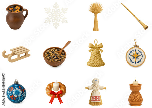 Ukrainian Christmas folk set: uzvar jug, wooden sled, kutia bowl, straw ornaments, didukh sheaf, embroidery hoop star, motanka doll, painted bauble, candle wreath — PNG transparent