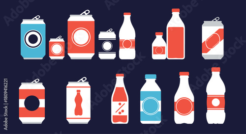 Collection of various soda cans and bottles in a flat and simple red white and blue color scheme.