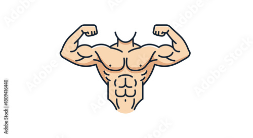 Muscular and toned upper body of a man is shown with flexed biceps and six-pack abs.