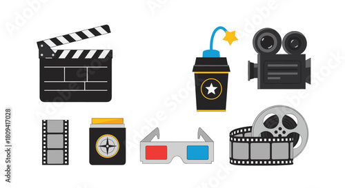 Colorful collection of essential cinema and movie night icons for entertainment and film.
