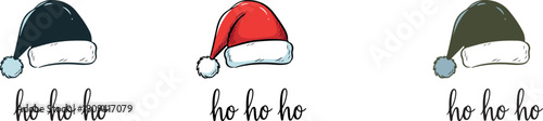 Festive cheer with three santa hats saying ho ho ho in different colors creating a joyful and playful holiday season vibe conveying fun and lighthearted sentiment