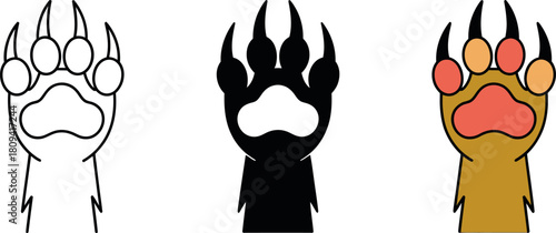 Bear Paw Illustration in Three Styles Outline Silhouette and Color Wild Animal Print