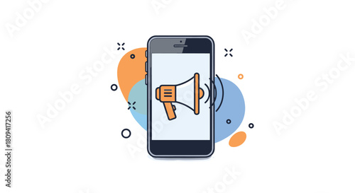 Smartphone screen displays a megaphone icon for a digital marketing or mobile promotion campaign.