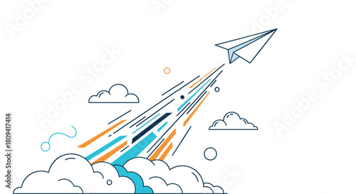 Paper airplane flying upwards represents startup success leadership and ambitious business goals.