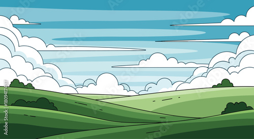 Beautiful and peaceful summer landscape with lush green rolling hills and a cloudy blue sky.
