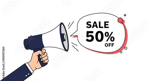 Businessman's hand holding a megaphone to announce a fifty percent off sale and attract customers.