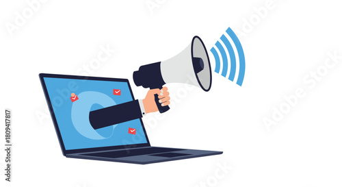 Hand holding a megaphone projects sound waves from a laptop screen for online marketing.