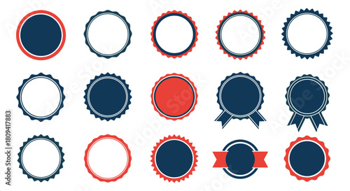 Collection of red and blue rosettes seals and badges with ribbons for awards and certification.