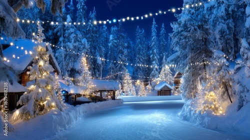 Under the fading light of dusk, a charming skating rink sparkles with festive lights, nestled among snow-laden trees and cozy cabins, inviting joy and laughter in a winter paradise