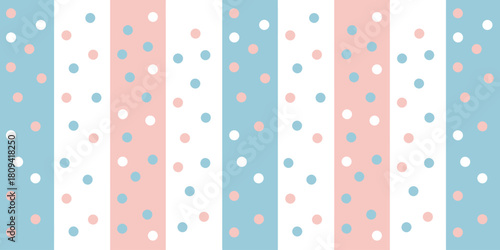 A pattern of alternating blue pink and white stripes with scattered polka dots of various colors on each stripe