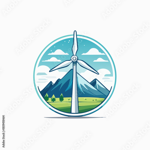 Wind turbine stands tall in a landscape with mountains, trees, and clouds, all enclosed within a circular frame.