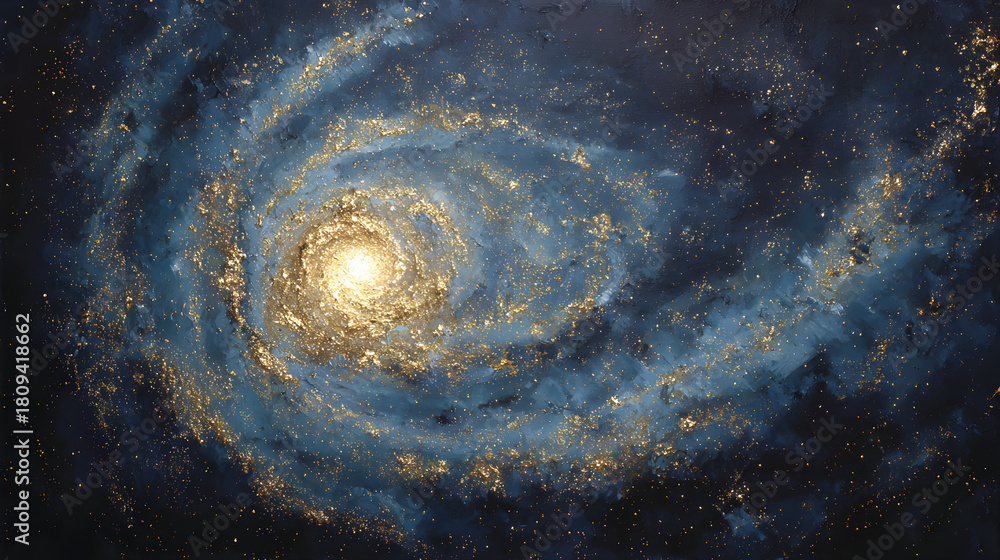 Fototapeta premium Golden Spiral Galaxy on a Deep Blue Starry Canvas
