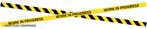Two crossing yellow and black striped work in progress tapes on a plain white background clearly visible, caution tape