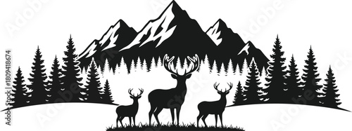 Majestic Deer Silhouettes Against a Mountainous Forest Landscape.