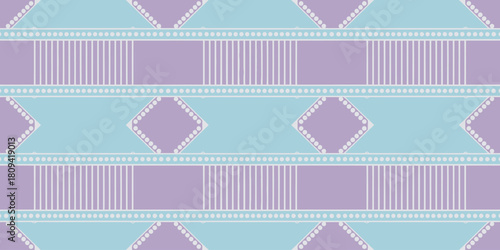 Repeating pattern of lavender squares and turquoise diamonds with white dot accents and vertical lines