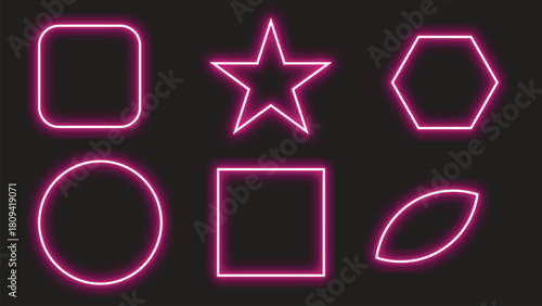 Neon Geometric Shapes Glowing Pink Isolated on Black Background Design element