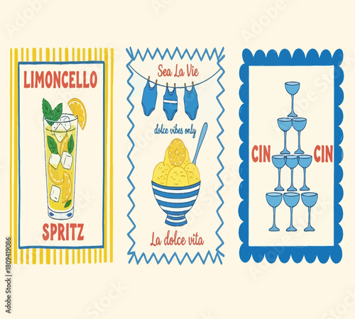 Illustration of three vintagestyle illustrations featuring summer drinks and aperitivo moments, including limoncello spritz, gelato, and a champagne tower, evoking a sense of italian dolce vita