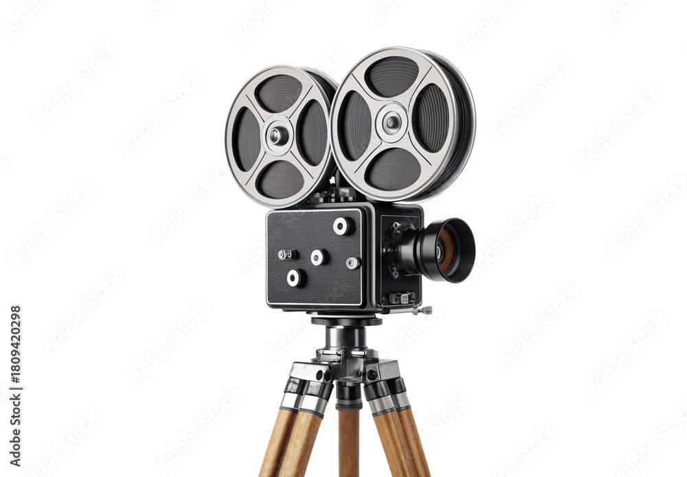 Obraz premium Classic movie projector with metal reels mounted on wood tripod, isolated on a transparent background