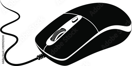 Black and white computer mouse illustration with cable