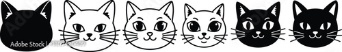 Row of cartoon cat faces in black and white doodle style