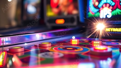 pinball. A silver pinball in motion on a vibrant playfield hitting a bumper. event key visuals, club posters, designed for sports event promotions and stadium branding, supports training.