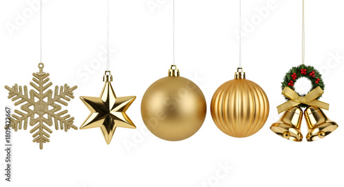 Cuadro en lienzo Golden christmas ornaments isolated on transparent background for festive decora