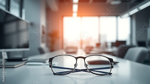 afterhours. Eyeglasses on desk in modern office space with after hours atmosphere. lifestyle magazines, social media lookbooks, designed for influencer and brand collaborations, drives engagement.