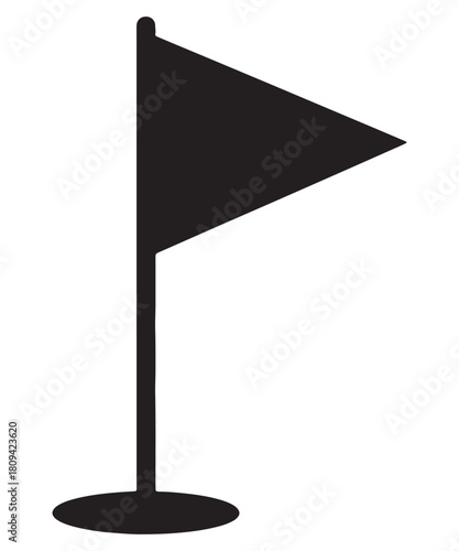 Simple black silhouette of a golf flag on a white background